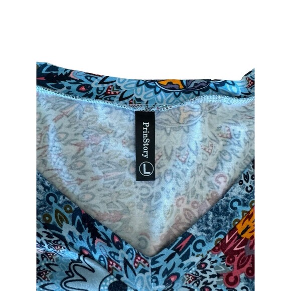 Top Blouse Womens Sz L Blue Orange Red Mandala V-Neck Stretch Tunic Petal - Picture 8 of 8